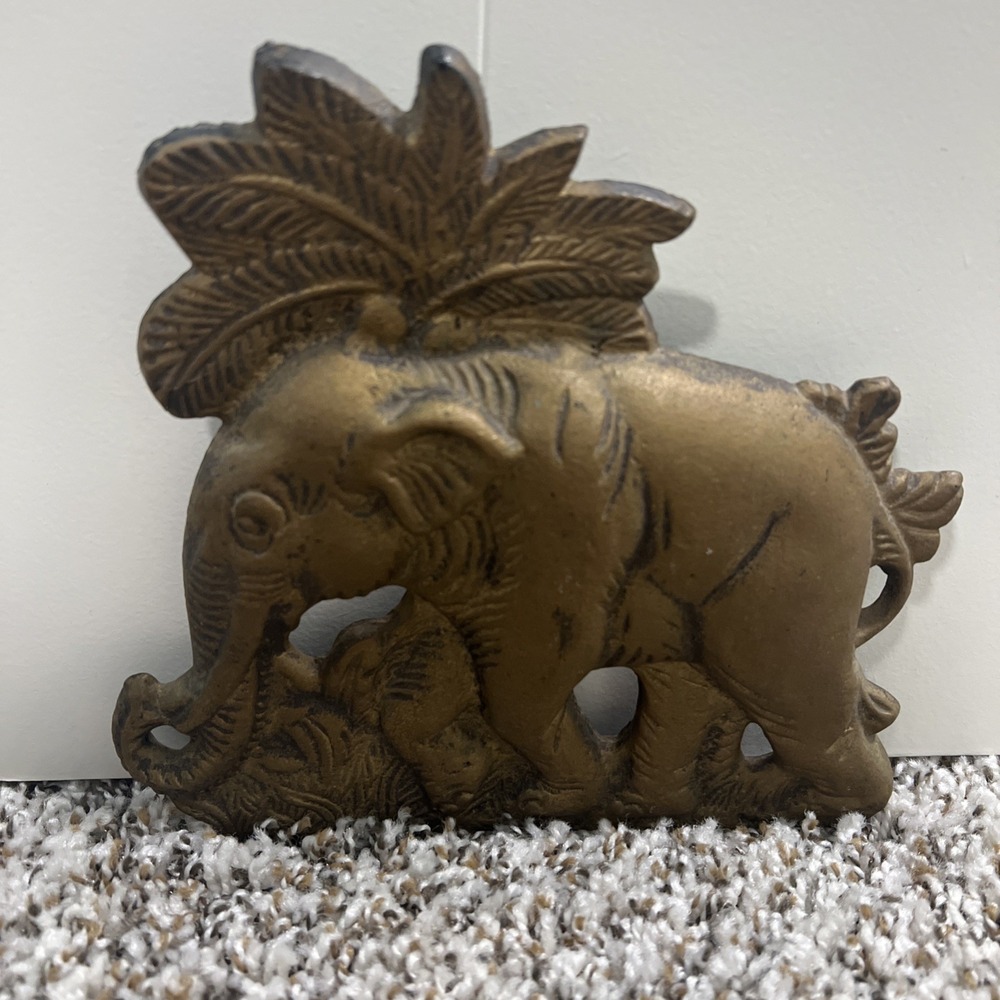 Vintage Heavy Iron Gold Elephant With Palm Tree  Doorstop Book End Unbranded